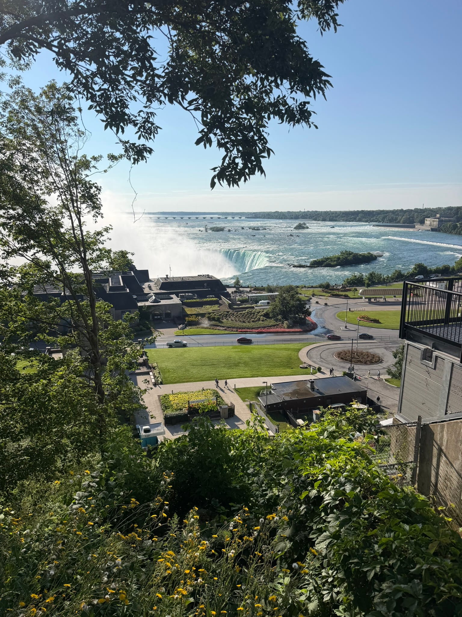 The falls through the trees from the top of the incline.