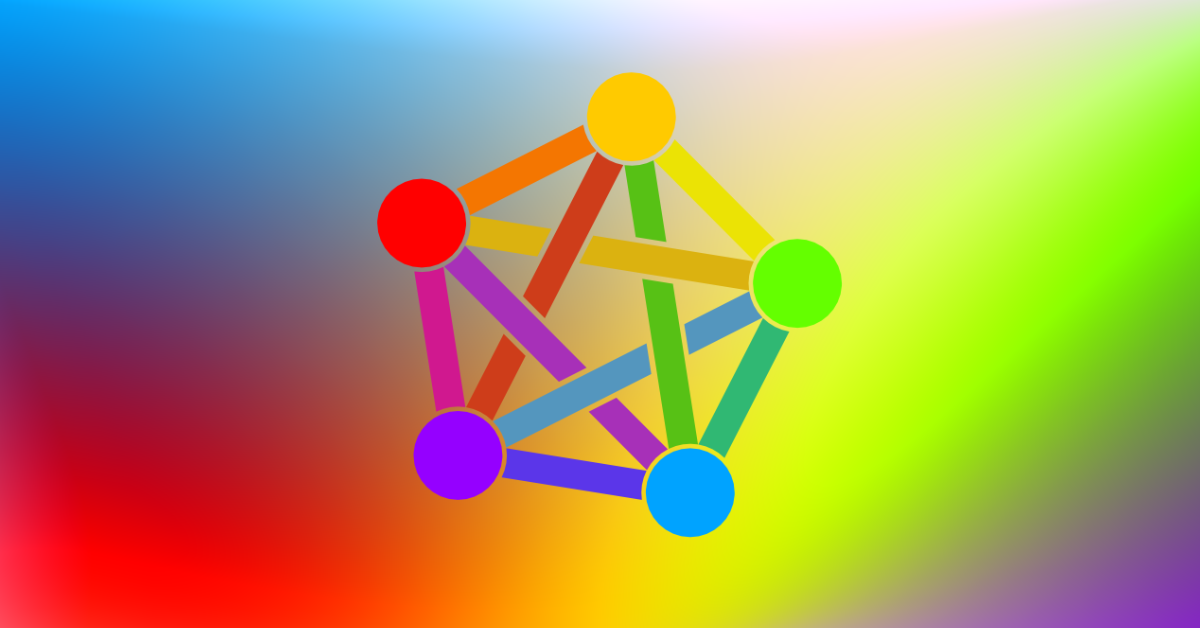 The fediverse logo, a bunch of dots with lines between it, on a gradiented background of the same colors.